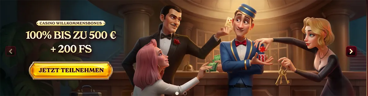 Casino welcome bonus banner with 100% up to €500 and 200 free spins promotion